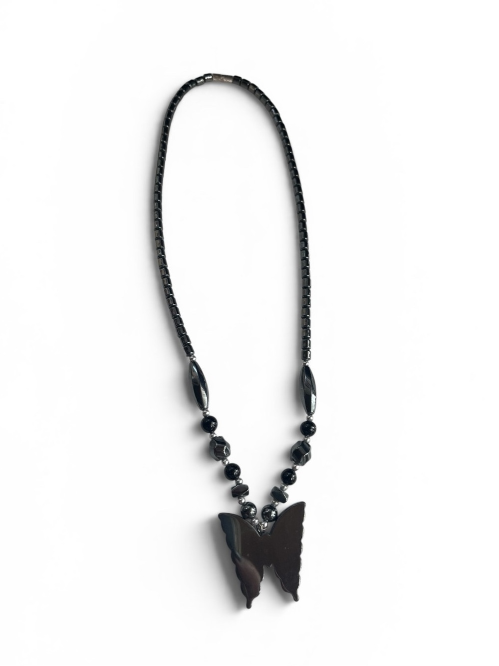 Carved Hematite Butterfly Pendant Statement Necklace - Picture 8 of 10